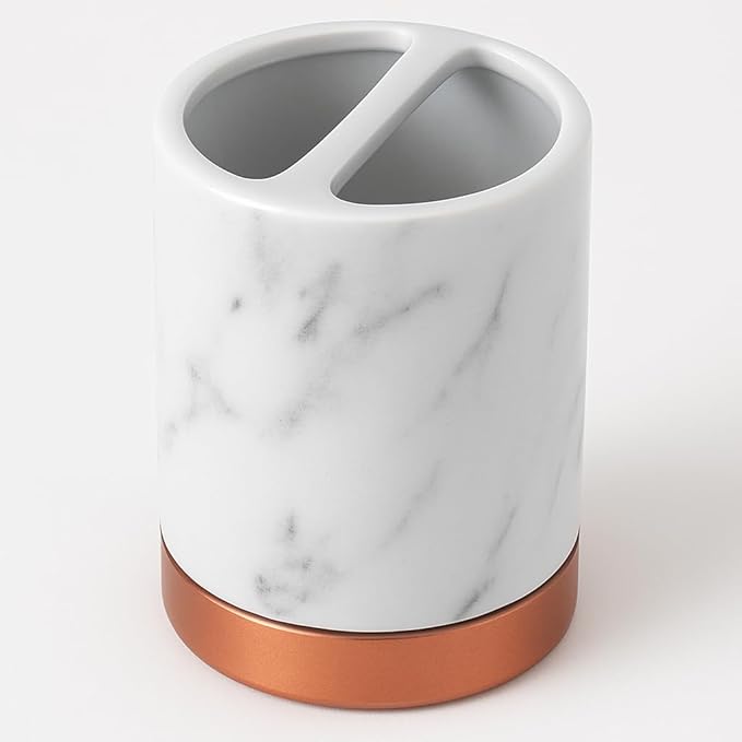 4 Piece Ceramic Bathroom Accessories Set - MARBLE Look Rose Gold White - Our Complete Bath Decor Kit Includes Designer Soap or Lotion Dispenser - Toothbrush Holder - Tumbler - Soap Dish (Marble White)