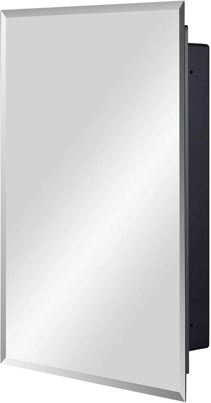 IDYLLOR Black Plastic Bathroom Medicine Mirror Cabinet 16 x 22 inch, Surface and Recessed Mount, Beveled Edge Mirror