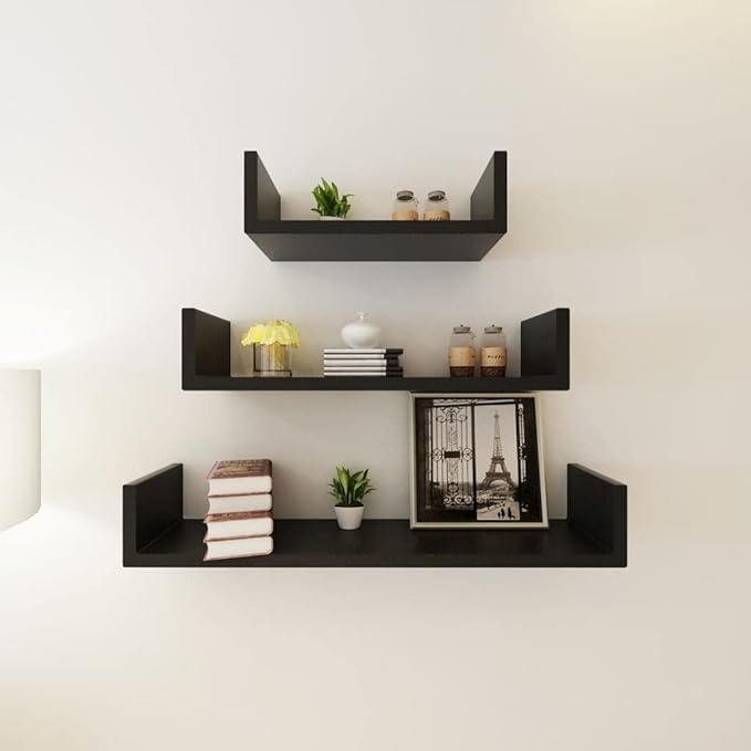 Floating Wall Shelves Set of 3, Modern U-Shape Display Ledges for Living Room, Bedroom & Office, Durable Matte Black MDF Wall-Mounted Storage Shelves