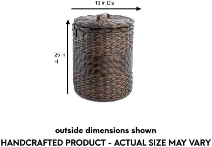 The Basket Lady Round Wicker Laundry Hamper, Large, 19 in Dia x 25 in H, Antique Walnut Brown