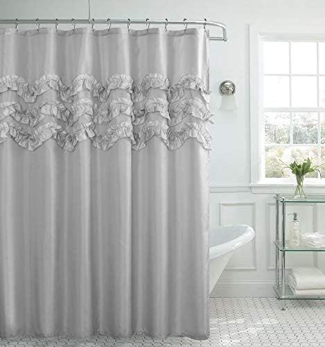 BH Home & Linen Beverly Hills Ruffle Premium Quality Fabric Shower Curtain 70" x 72 Made with 100% Polyester. (Wavy Grey)