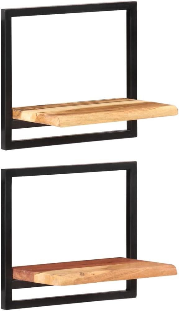 Set of 2 Live Edge Wall Shelves, Rustic Solid Acacia Wood Floating Shelves with Steel Brackets, Decorative Wall Mounted Shelving for Bedroom Living Room Office
