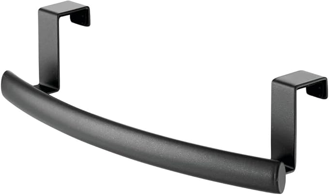 mDesign Steel Over Door Curved Towel Bar Storage, Hanger for Cabinet or Cupboard, Holder Rack for Kitchen, Bathroom - Holds Hand/Dish Towels, Washcloths - Spira Collection - Black
