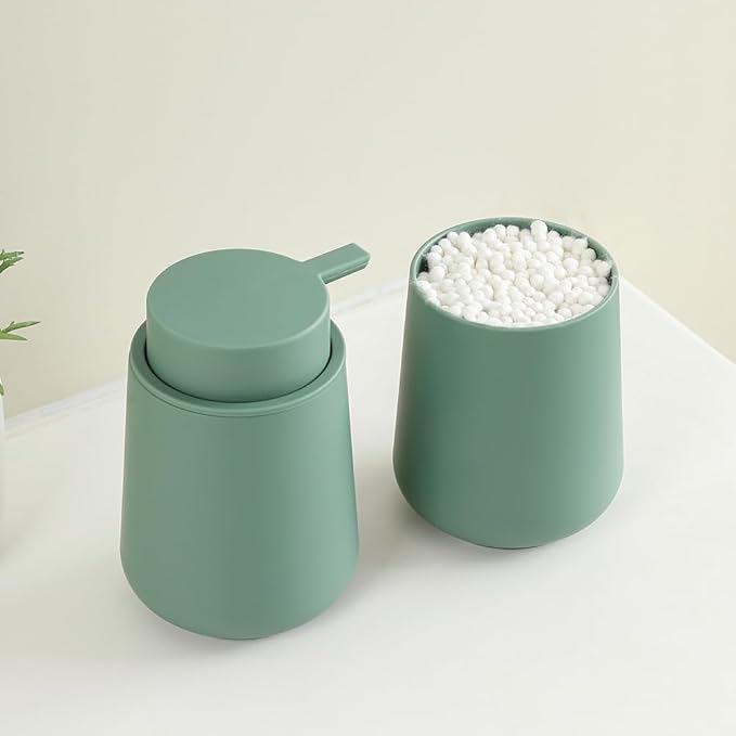 YAUKPH Matte Green Bathroom Accessories 2 Piece Set Plastic Soap Dispenser and Toothbrush Holder for Modern Bathroom Decor