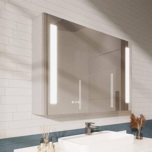 36×24 Inch Bathroom Medicine Cabinet, LED Lighted Medicine Cabinet with Mirror, Double Door Bathroom Vanity Mirror with Storage, 3 Color Light, Defogger, Dimmer, Surface Mount
