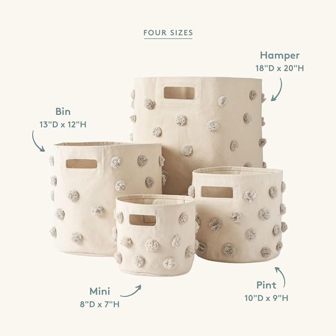 PEHR Pom Pom Basket, Grey Hamper | 100% Cotton Canvas Storage for Nursery, Playroom & Home | Decorative Organizer | 18" D x 20" H