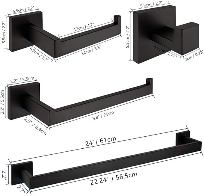VELIMAX Premium Stainless Steel 4 Pieces Bathroom Hardware Accessories Set Wall Mounted Towel Bar Set, Matte Black, 24-Inch