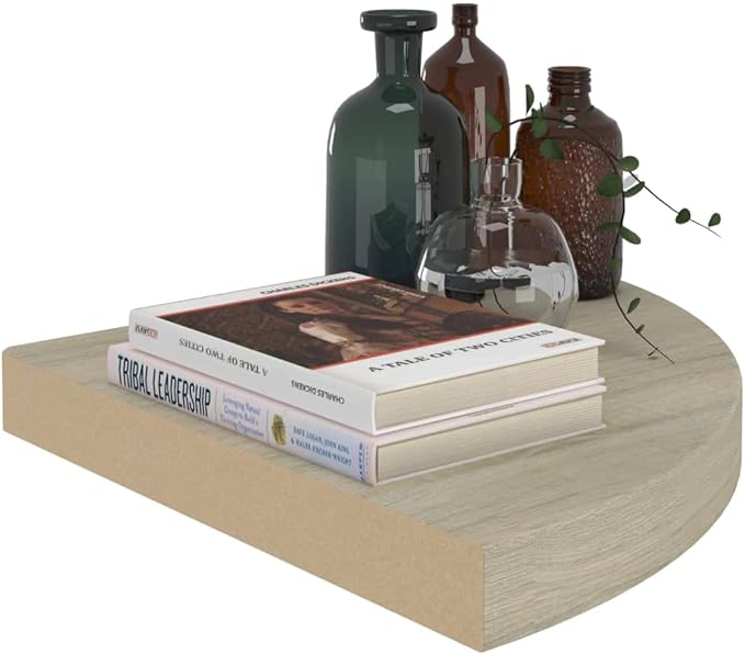 Floating Corner Shelves 2 Pack Oak Finish 13.8x13.8x1.5 Inches Wall Mount Display Storage for Books Decor Photos Awards with Invisible Mounting System