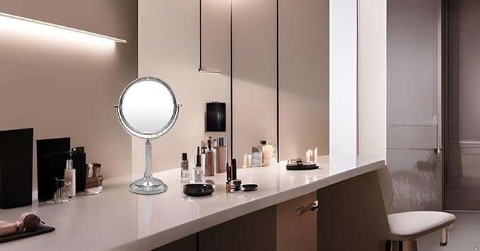 Indecor Home H Halston Stainless Steel Makeup Vanity Mirror 1X, 3X Magnification Round 360 Swivel Mirror for Desk, Bedroom, Bathroom Chrome