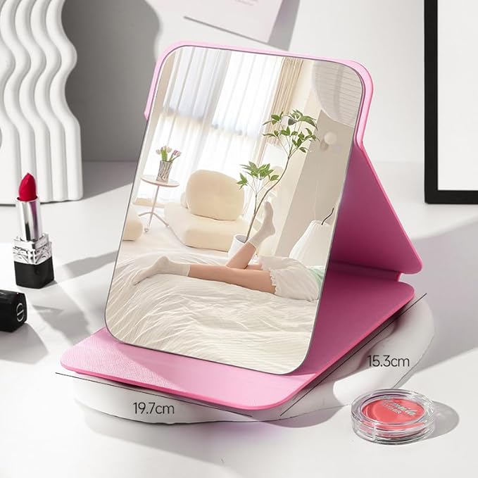 PU Leather Desktop Mirror, Foldable Travel Makeup Mirror with HD Clear Glass, Self-Standing Personal Mirror for Desk, Vanity & On-the-Go Use