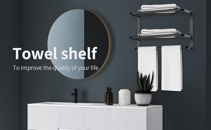 CAXIMSY 22.8Inch Towel Rack for Bathroom and Lavatory Towel Hanger with Wall Mount Towel Bars 304 Stainless Steel No Drill Tower Holder Shelf (3 Layers Black Towel Rack)