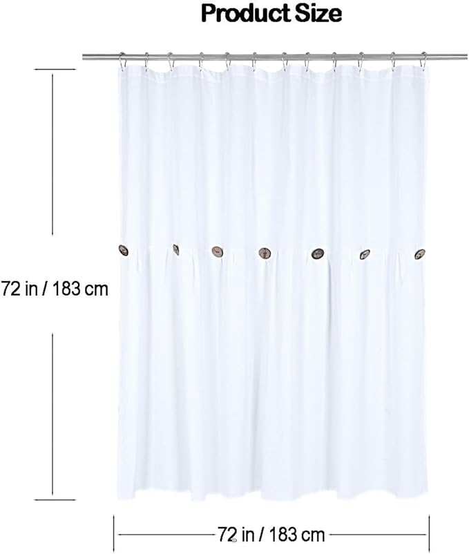 Farmhouse Shower Curtain, White Cloth Button Curtain, Cotton Blend Fabric, Rustic Country Shabby Chic Style, 72x72 in, Bathroom