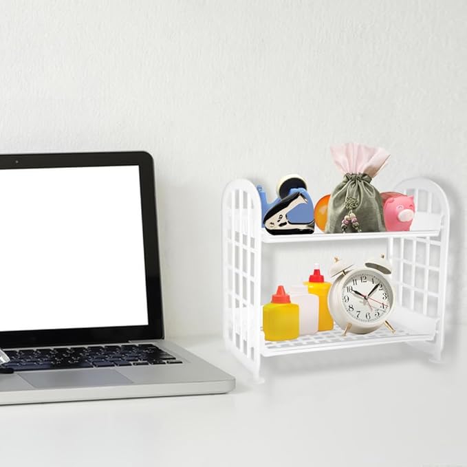 Desktop Rack Cosmetic Stationery Storage Holder, 2-Tier Multifunctional Plastic Shelf Makeup Organizer for Skincare Office Kitchen Bedroom Bathroom Home (White)