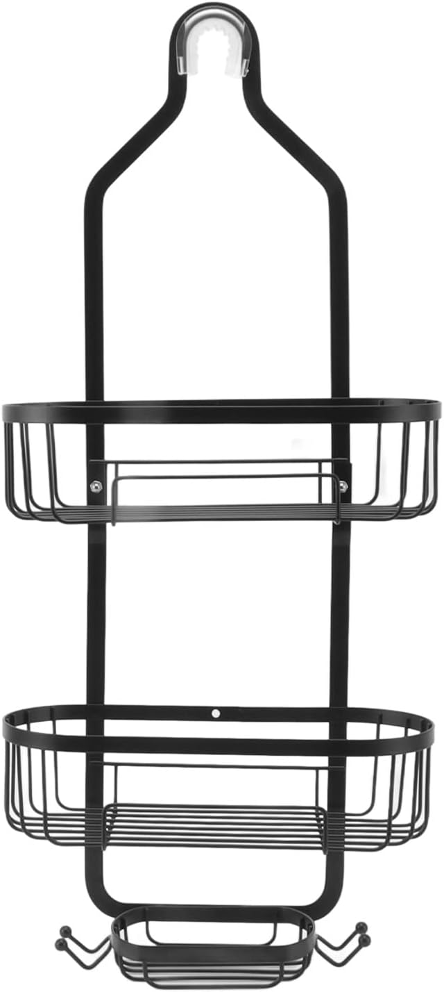 Metal Iron Wall Mounted Bathroom Basket, 2 Layer Punch Free Bathroom Shelves, Rust Storage Basket for Tile and Glass Surfaces, Easy Install Toilet Accessories for Bathroom (Black)