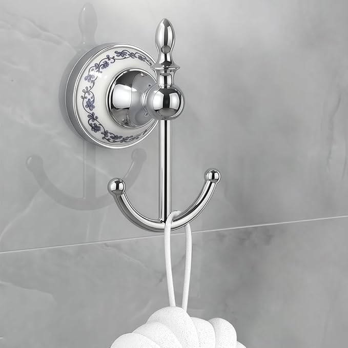 2 pcs Silver Towel Ring Hook Holder Wall Mount Rack Blue&White Porcelain Ceramic Base Stainless Steel Old Chinese Decor