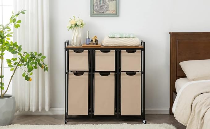 Suntage Laundry Basket Organizer, Hampers for Laundry 6 Compartments, Laundry Hamper with 6 Sliding Laundry Sorter Bags, Top Storage Shelf, and Metal Frame (6 Compartments)