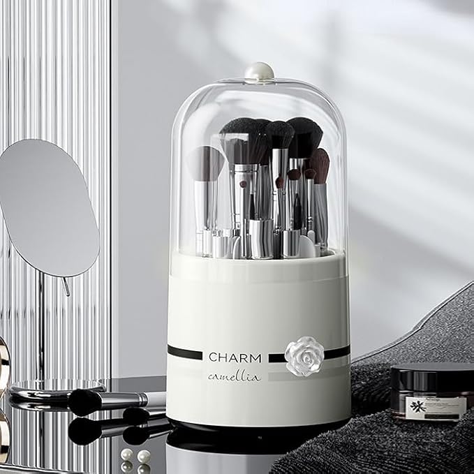 Makeup Brush Holder with Lid Rotating Organizer for Vanity Dustproof Make Up Brushes Organizer Cosmetics Storage for Bathroom Countertop Desktop