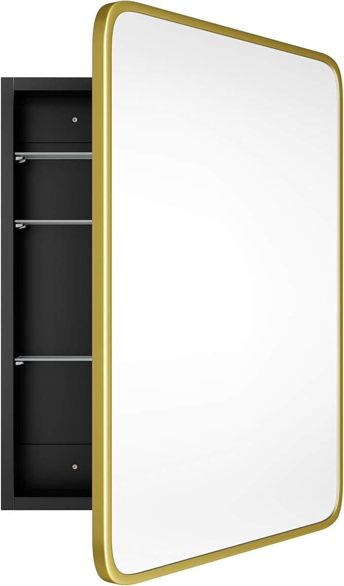 AGDULL Bathroom Wood Black Cabinet with 20''x30'' Brushed Gold Metal Frame Curved Mirror, Recessed Medicine Cabinet, Bathroom Storage Cabinet
