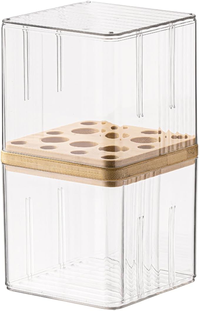 MORNITE Clear Makeup Brush Organizer with Lid, Freestanding 16-Slot Display Case Container Storage for Eyeliners, Lip Liners, Pencils Vanity or Bathroom Countertop Storage