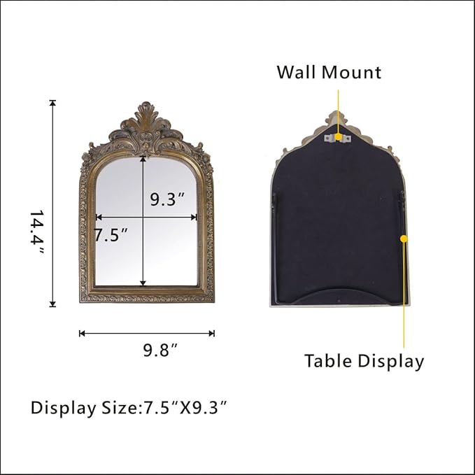 Bronze Vintage Vanity Desk Makeup Mirror Antique Decorative Wall Mirror,Resin Carved Arched Mirror for Living Room,Bedroom Dresser,Home Decor (Large)