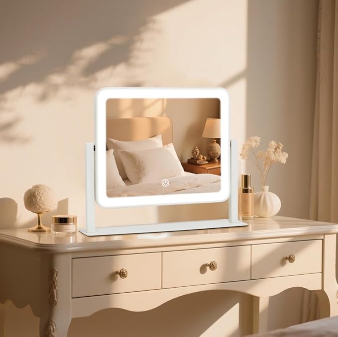 Rechargeable Vanity Mirror with Lights,14"x12"LED Lighted Makeup Mirror,Large Makeup Mirror with Lights,Touch Screen with 3-Color Lighting,Dimmable,for Vanity Desk Tabletop,Bedroom