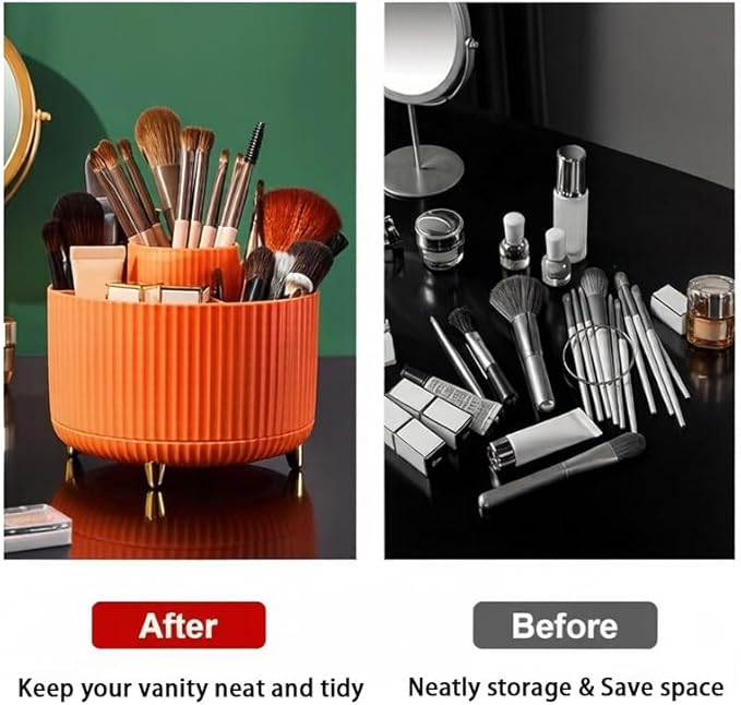 Makeup Brush Holder,360° Rotating Makeup Brush Organizer,5 Slot Make up Brushes Cup for Cosmetics,Large Capacity,For Nail Polish, Art Supply, Bathroom Vanity,Cosmetics Organizer,Orange