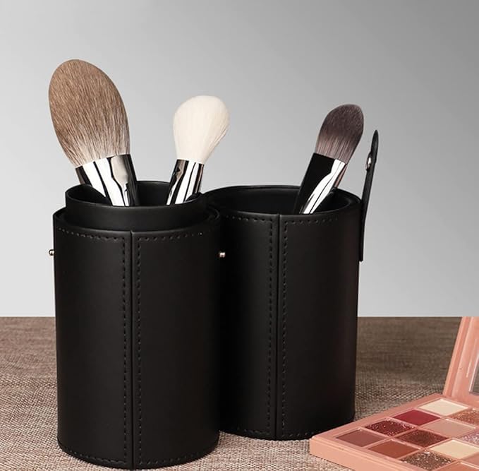 QUUPY Black PU Leather Makeup Brush Holder Organizer with Lid Portable Makeup Tools Large Capacity Case Organizer Cylinder Storage Box Bag(without brush)