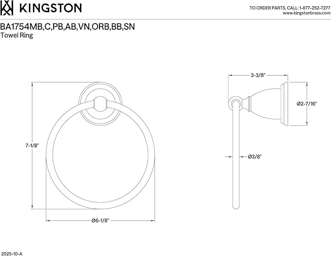 Kingston Brass BA1754BB Heritage 6-Inch Towel-Ring, Brushed Brass 7.13 x 6.13 x 3.38