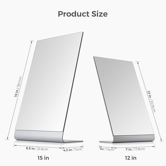 NEZZOE Frameless Makeup Mirror for Desk, 15 x 8.5 Inch Aluminum Standing Table Mirror, Large Counter Top Mirror