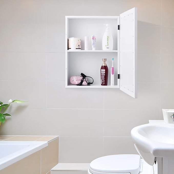 FUTADA Bathroom Medicine Cabinet with Mirror, Wall-Mounted Storage Organizer, Adjustable Shelf & Single Door, Modern Mirror Cabinet for Living Room, Bedroom, Hallway (White)