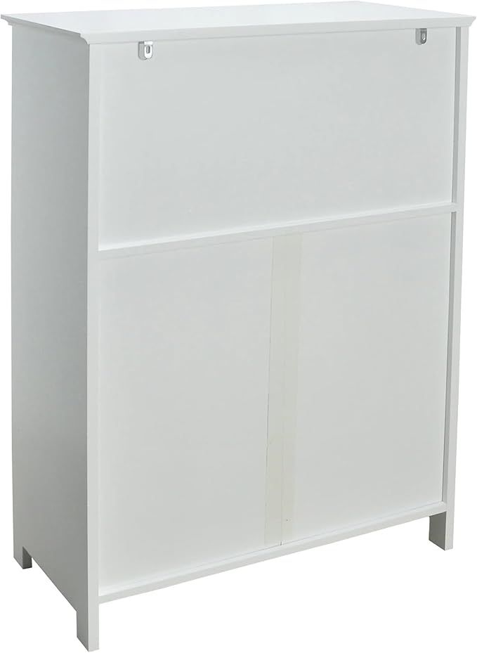 Beadboard Double Door Multi Room Freestanding Floor Cabinet, Open Top Shelf With Arched Accent, Adjustable Center Shelf, 25 Inch Width x 12 Inch Depth x 33 Inch Tall, White Semi Gloss Enamel Finish