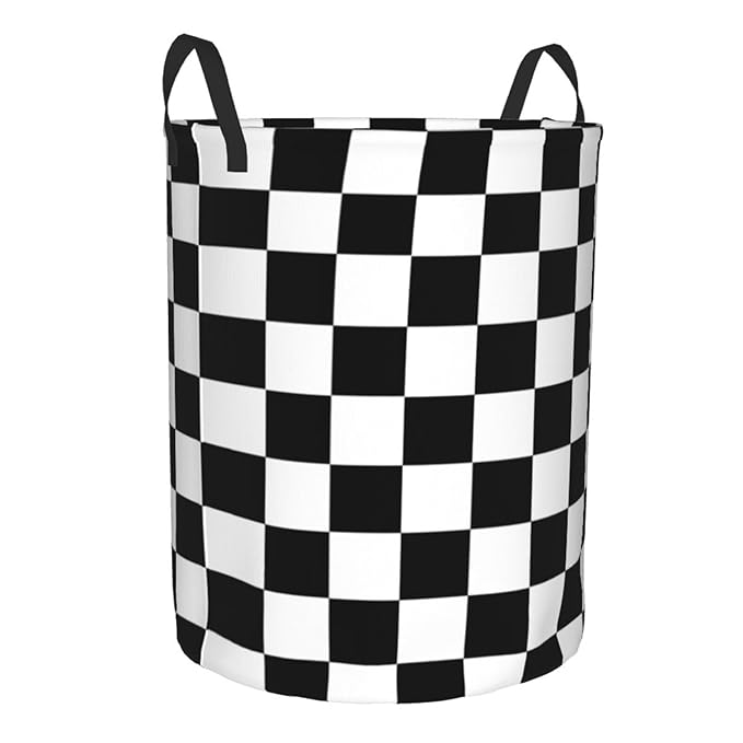 Black And White Checkered Pattern Round Laundry Hamper Checkerboard Storage Basket Toys Clothes Organizer Bin For Home Bathroom Bedroom Dorm Nursery, 62l