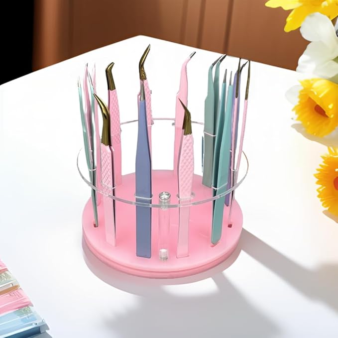 12 Holes Rotatable Acrylic Tweezers Holder, Grafting Eyelash Makeup Tweezer Stand Display Extensions Organizer Individual Training Tools (Pink)