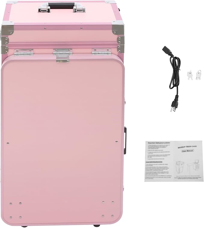 Upgraded Rolling Makeup Case, Foldable Nail Tables Travel Cosmetic Trolley Storage Organizer with 4 Drawers Mirror Pink Nail Table Large Storage Makeup Organizer