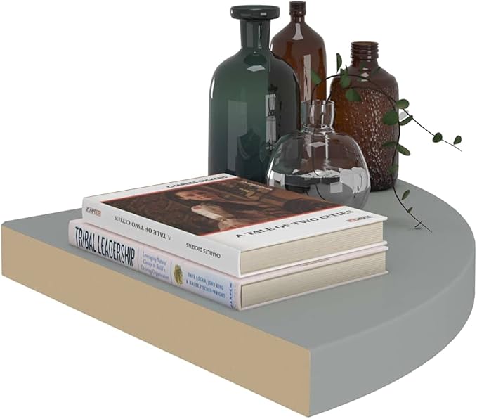Floating Corner Shelves Set of 2 Wall-Mounted 13.8"x13.8"x1.5" Gray Honeycomb MDF & Metal Shelving for Bathroom Bedroom Living Room Decor Storage Books Display