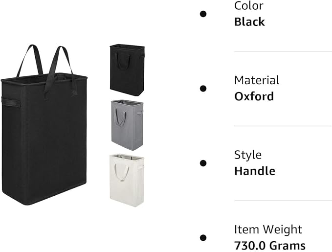 ZERO JET LAG Slim Laundry Hamper With Handles Collapsible Laundry Basket Thin Dirty Clothes Basket Narrow Laundry Bag Foldable Dirty Clothes Hamper 45L (24 inches,Black)