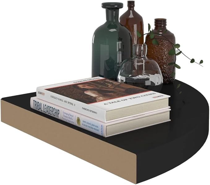 Floating Corner Shelf Black 13.8x13.8x1.5 Inches MDF Wall Mounted Display Storage for Bathroom Kitchen Living Room with Invisible Mounting System