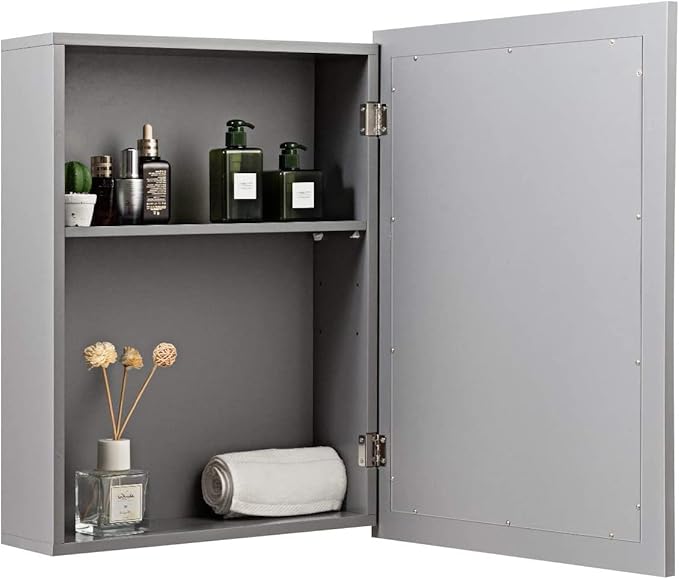 FUTADA Bathroom Medicine Cabinet with Mirror, Wall-Mounted Storage Organizer, Adjustable Shelf & Single Door, Modern Mirror Cabinet for Living Room, Bedroom, Hallway (Grey)