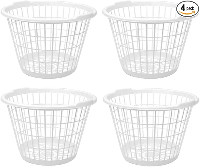 White Plastic Laundry Basket, 1 Bushel Capacity, Lightweight Round Design, 17.5 x 17.5 x 12 Inches, Set of 4