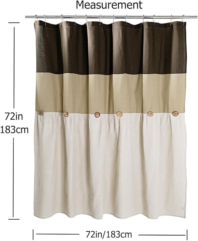 Farmhouse Cotton Button Natural Neutral Color Shower Curtain,Pleated Linen Color Cotton Blend Woven Fabric,Country Style,72x72 in for Bathroom
