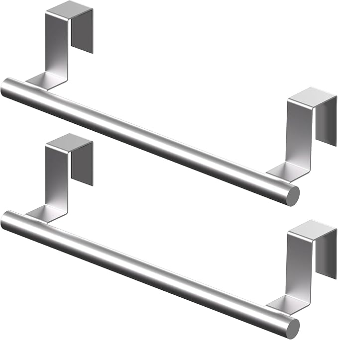 Over Cabinet Towel Bar 9", Kitchen Towel Rack Over Cabinet Door, Stainless Steel Cabinet Door Towel Holder, Dish Towel Holder for Cabinet Door, Silver, 2 Pack