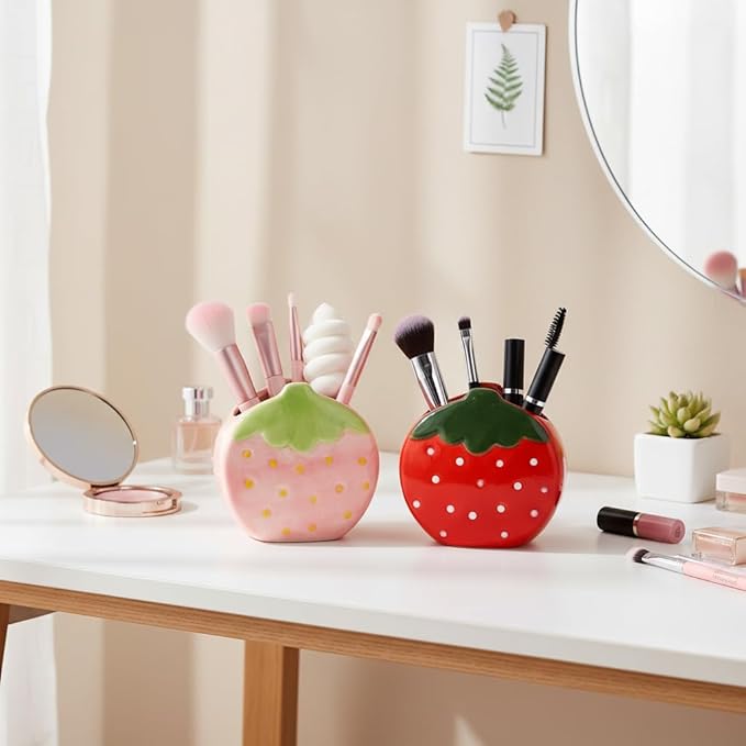 Okllen Set of 2 Ceramic Cute Makeup Brush Holders, Kawaii Strawberry Pen Holder Pink&Red for Desk, Cute Office Home Vanity Decor, Gift for Women Girls