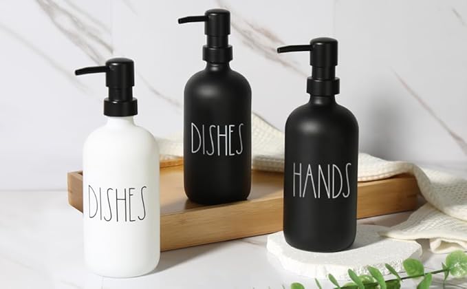 VIMERPA Hand and Dish Soap Dispenser Set, Matte Black Hands Dishes Soap Dispenser Set for Kitchen, 2 Pack Glass Soap Dispensers Set with Plastic Pump, 17 Fl Oz Refillable Liquid Soap Bottles