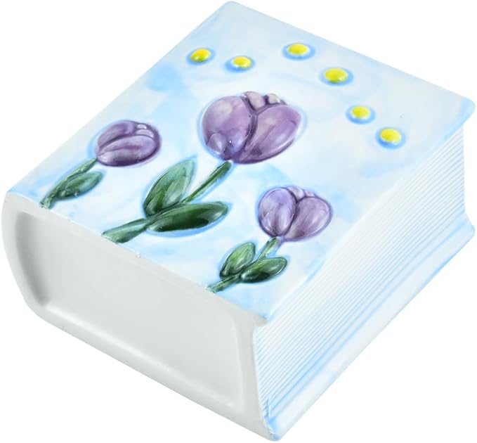 Ceramic Book Shaped Tulip Pattern Cosmetic Storage Box, Desktop Organizers Make Up Brush Storage Stand Desktop Storage Box for Brush,Pencil,Art Supplies, Painting Brush (Light Purple)