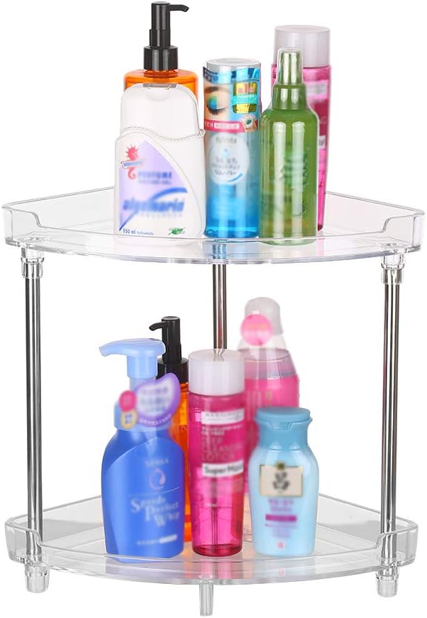 4 Tier Corner Storage Organizer, Compact Freestanding Bathroom Shelf with Clear Acrylic Trays for Hair Accessories Toiletries Countertop Organization (2-Tier)