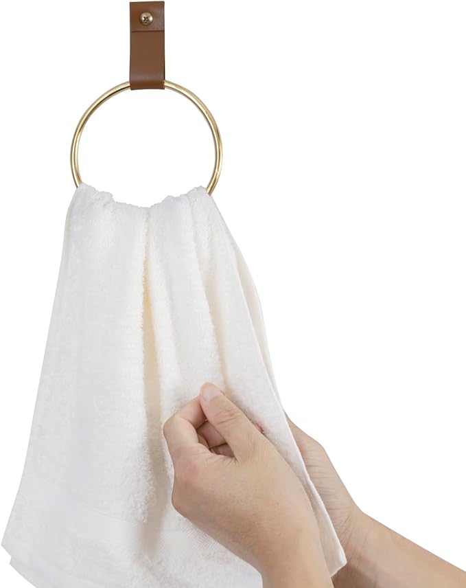 MyGift 2 Pcs Towel Ring Holder, Hand Towel Rack Wall Mounted for Bathroom, Entryway, Kitchen, Bedroom, Modern Brass Tone Metal with Caramel Brown Leatherette Strap