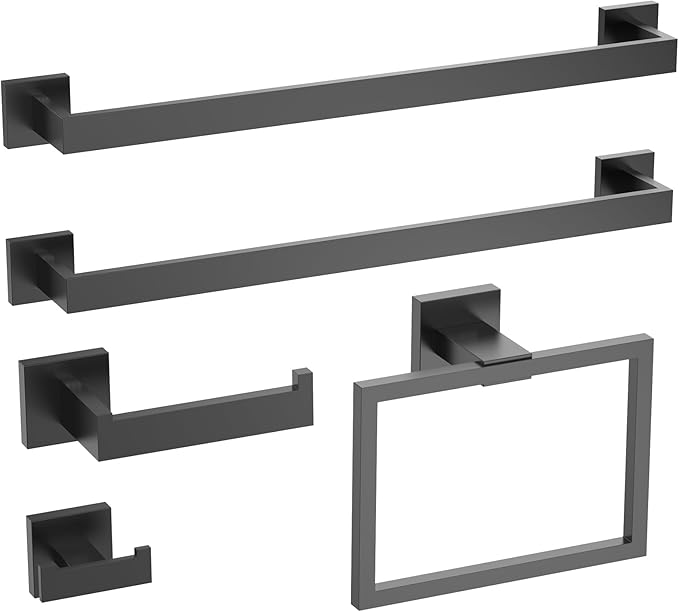 Matte Black Bathroom Hardware Set, 5-Piece SUS304 Stainless Steel Towel Bar Set, 23.8 Inch Wall Mounted Bathroom Accessories, Includes Toilet Paper Holder, Towel Ring & Hooks