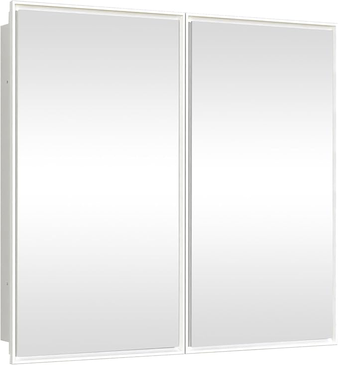 26 x 32 inch, Bathroom Medicine Cabinet, Double Mirror Doors, Bathroom Recessed Cabinet, Platstic Framed with Double Doors Wall Cabinet, Removable Glass Shelves, Recessed or Surface Mount