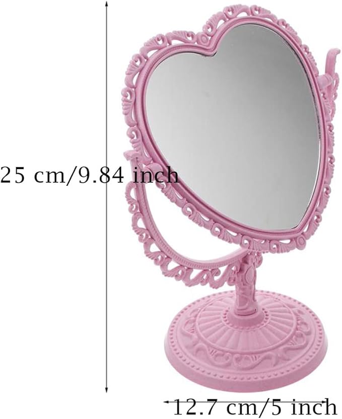 AKOAK Heart-Shaped Cosmetic Mirror - Plastic, Double-Sided, Rotatable, Lightweight - Bathroom & Bedroom Mirror (Pink)