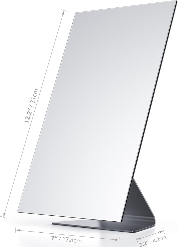 NEZZOE Rectangular Free-Standing Makeup Mirror, Frameless 1X Vanity Mirror with Adjustable Tilt, Metal Base, for Desk, Bathroom Countertop or Windowsill, 12 x 7 Inches